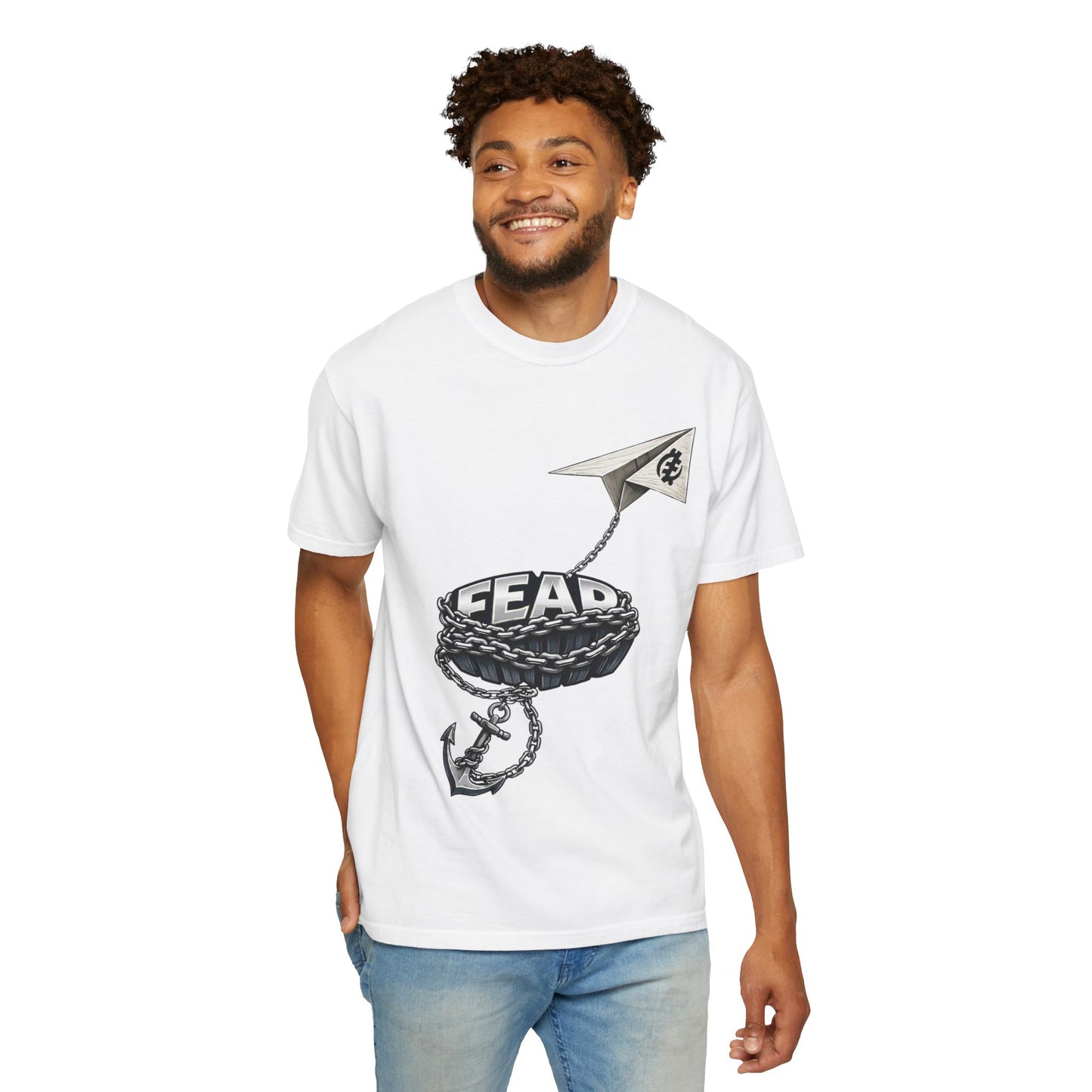 Fear Anchor Graphic T-Shirt — Paper Plane & Tire Ring Illustration
